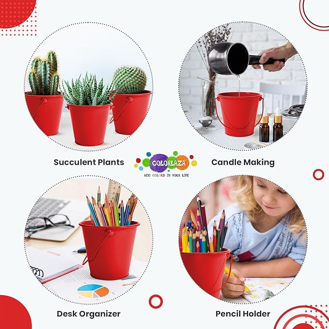 Small Metal Buckets with Handle 6 Pcs – Galvanized Bucket Leak Proof & Rust Resistant 20 fl oz Capacity - Best for Party Décor, Organizing & Decorating Classrooms (Red, Small 4.3" Top)