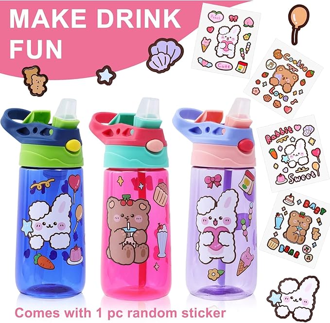 Kids Water Bottle for School 16 OZ Water Bottle with Straw BPA-Free Reusable Leak-proof Water Bottles with One-handed Opening Straw Lids, Anti-dust Spout Cover (PINK)