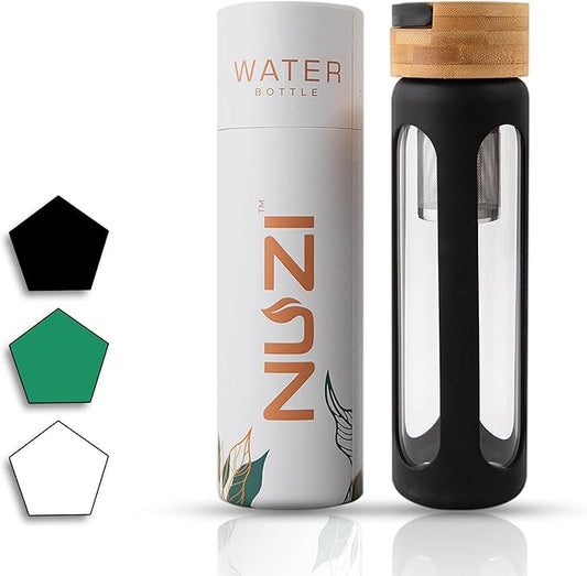 NUZI Glass Water Bottles 18 oz with Stainless Steel Fruit Infuser | Insulated Water Bottle | Reusable Glass Water Bottles with Silicone Sleeve & Bamboo Lid | BPA Free and Leakproof | Black | 1 Pc