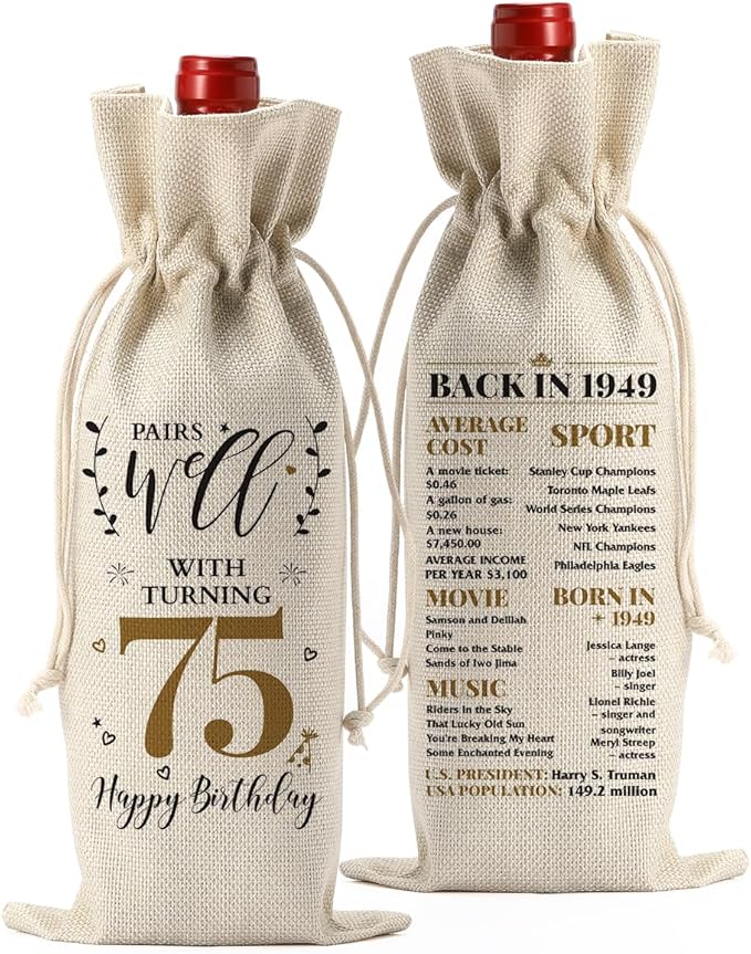 75th Birthday Gifts for Women Men Funny Wine Bag 75th Birthday Decorations Party Favors Happy Anniversary 75 Year Old Gifts for Wife Woman Man Her Granny Mom Grandma Friend Wine Gift Bag