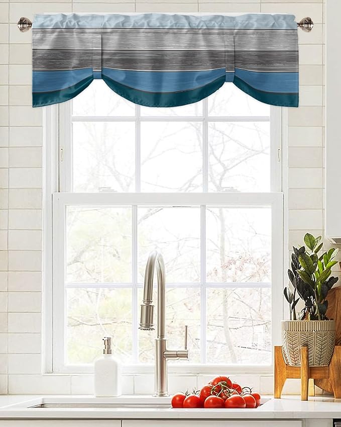 Farmhouse Blackout Tie Up Valance Curtains for Kitchen Windows,Blue Gray Ocean Hues Window Toppers Balloon Shades for Living Room/Bathroom/Bedroom,1 Panel,42" X 12" Retro Rustic Barn Wood Texture