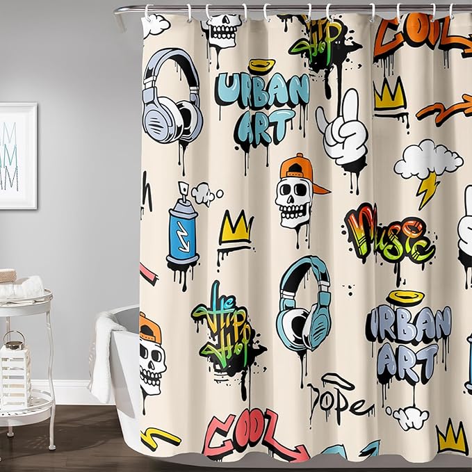 AILONEN Hip-Hop Skull Shower Curtains,Graffiti Music Bath Curtains,Printed Rock Curtains,Polyester Waterproof with 12 Hooks for Bathroom 72" W*96" H