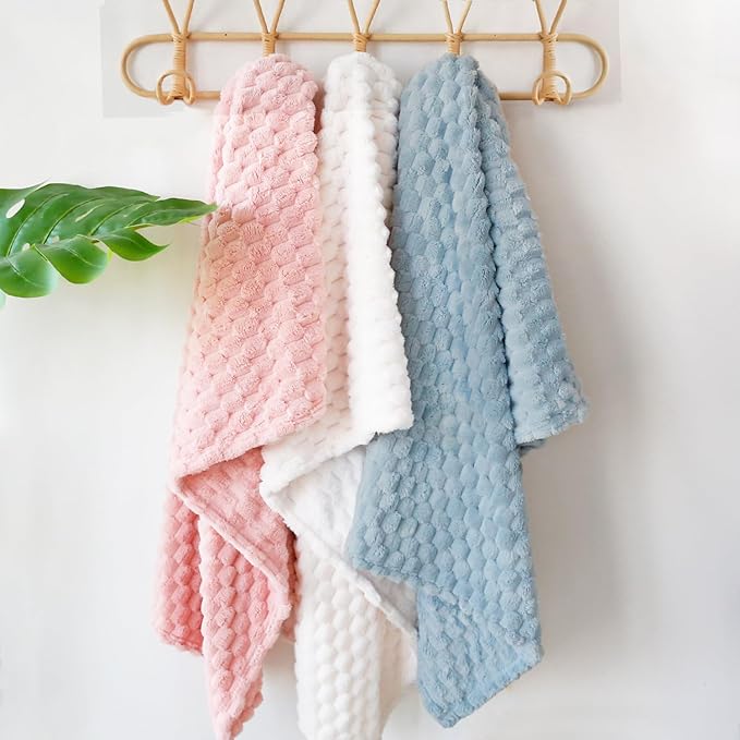 HOMRITAR 4 Pcs Baby Fuzzy Blanket 3D Jacquard Fluffy Blanket for Boy Girls, Soft Warm Cozy Flannel Fleece Warm Blanket Nursery, Stroller Toddler Bedding, 30 x 40 Inch (Blue, Cream, Pink, Khaki)