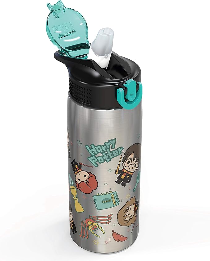 Zak Designs 27oz Harry Potter 18/8 Single Wall Stainless Steel Water Bottle with Flip-up Straw and Locking Spout Cover, Durable Cup for Sports or Travel (27oz, Harry Potter)