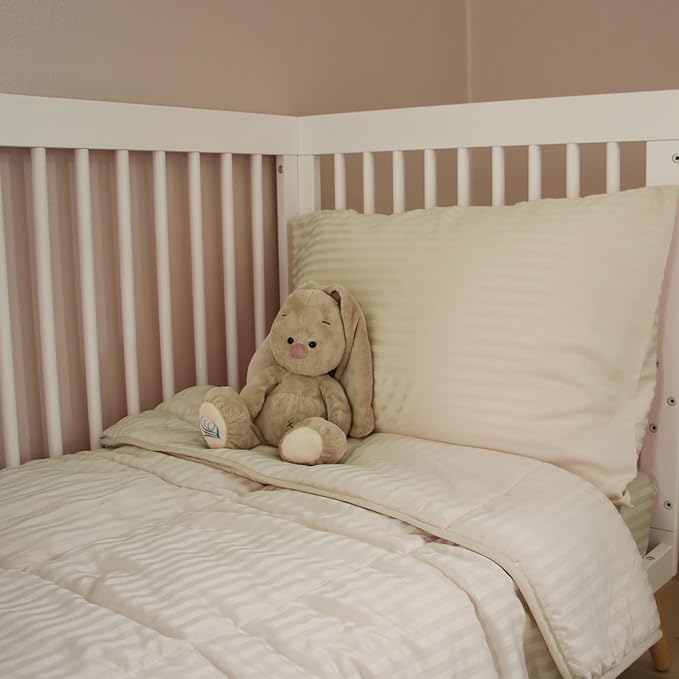 Toddler Bedding Set - 4 Piece Soft Crib Bedding Set for Boys and Girls, Includes Toddler Comforter, Flat Sheet, Fitted Sheet and Pillowcase, Cream Stripe