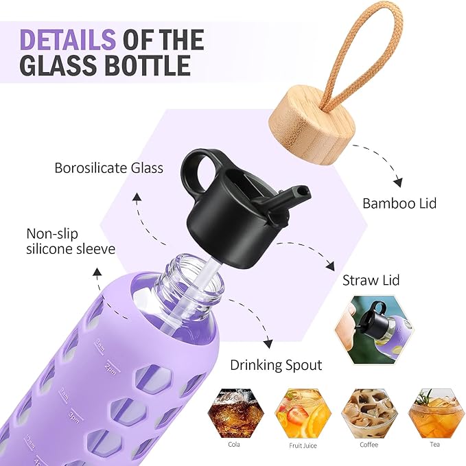 MUKOKO Glass Water Bottles, 32oz Glass Tumbler, Drinking Bottles with 2 Lids-Handle Flip Straw Lid&Bamboo Lid, Motivational Water Bottle with Time Marker and Silicone Sleeve, Leakproof-1 Pack-Purple