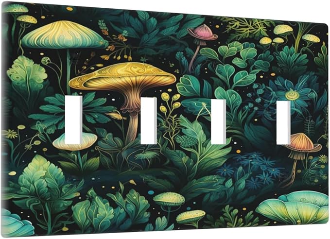 Green Dark Forest Mystical Mushroom Quad Toggle Light Switch Covers 4 Gang Wall Plate Decorative Switchplate Electrical Faceplate for Country Bathroom Bedroom Kitchen Decor
