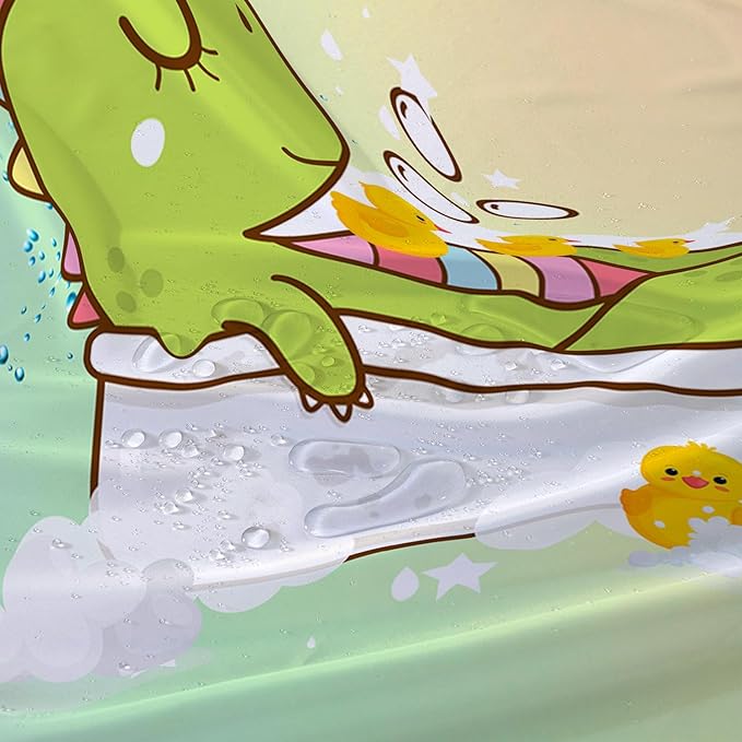 AILONEN Cartoon Shower Dinosaur Shower Curtain for Kids,Funny Green Dinosaur Shower Curtain Set with Hooks,72" W*78" H