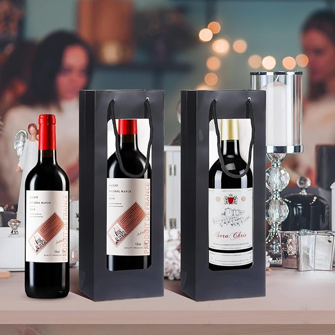 Megitzuu Wine Bottle Gift Bags With Window, 10 Pack Reusable Kraft Paper Wine Gift Bags for Wine Bottle Birthday Party Wedding Bridal Shower Gift Supplies