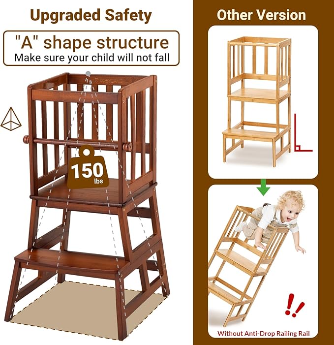 COSYLAND Kids Kitchen Step Stool, Toddler Standing Tower with CPC & FSC Certification, Removable Anti-Drop Railing Safety Rail Enjoys Unique Patented Design A Anti-tip Stable Structure Red Brown