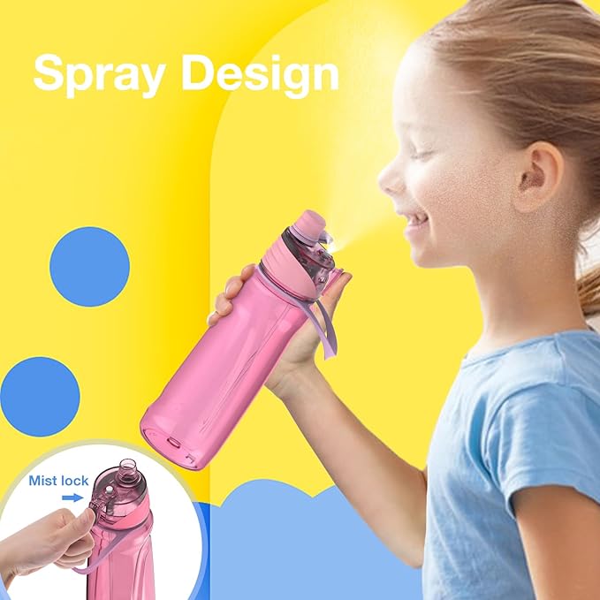 FEIJIAN Mist Water Bottle,22oz Sports Water Bottle with 2-IN-1 Mist & Sip Function, BPA-Free Plastic Water Bottles, Misting Water Bottle, Leakproof & Lightweight, Ideal for Fitness and Outdoor, Pink