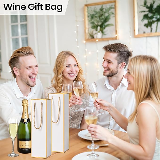 ISKYBOB 10 Packs Wine Gift Bag with Handle, Single Bottle Bags for Wine Kraft Paper Wine Bottle Gifts Box Reusable Gold Foil Gift Wine Bag for Housewarming, Business Dinner, Birthday Party (White)