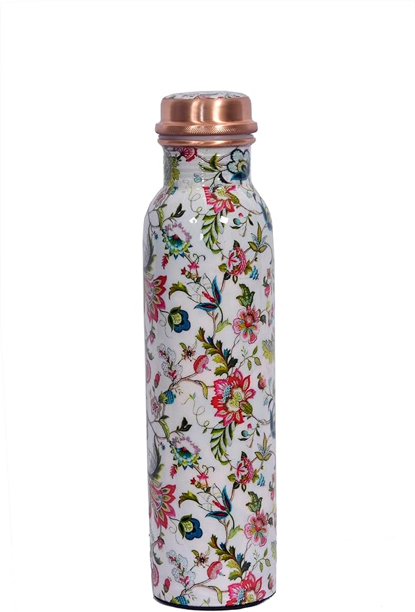 Copper Bottle For Drinking Water 33 Oz Ayurvedic Leak Proof lid Enamel White Design Durable Lightweight Hand Washable Vessel Clean Cool Water Natural Minerals Boost Energy Safe Water Utensil