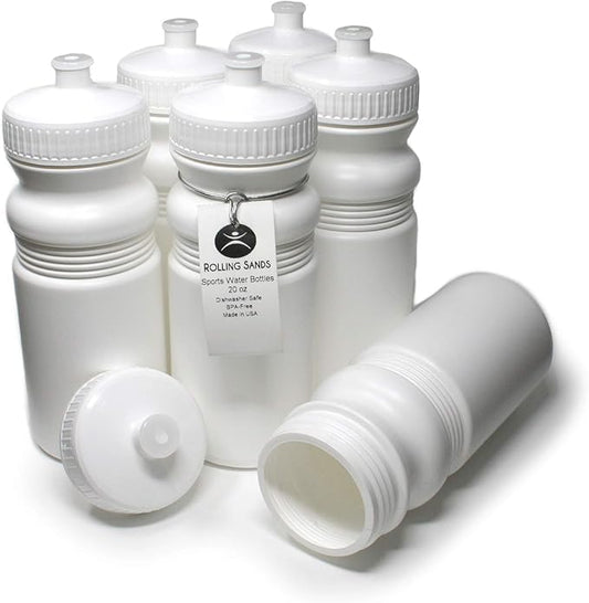 Rolling Sands 20 Ounce Sports Water Bottles 6 Pack, BPA-Free, Made In USA, Dishwasher Safe, White