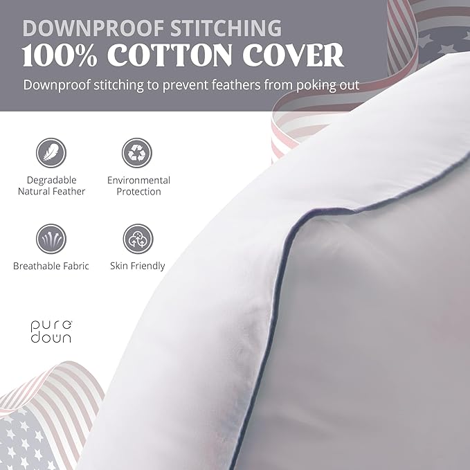 puredown® Goose Feathers and Polyester Fiber Pillow, Made in USA, 100 Cotton Cover, Medium Firm Bed Pillows for Sleeping, Hotel Collection Pillows Standard Size of 2