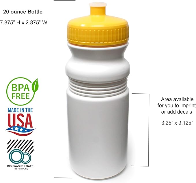 Rolling Sands 20 Ounce Sports Water Bottles 6 Pack, BPA-Free, Made In USA, Dishwasher Safe, White Bottles/Yellow Lids