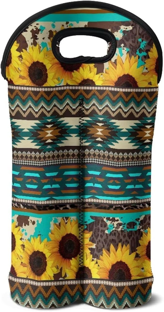 doginthehole Sunflower Insulated Wine Bag 2 Bottles Portable Wine Carrier Tote Aztec Tribal Geometry Print Wine Cooler Bag Champagne Bottle Holder Protective Sleeve