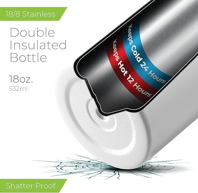 SipX™ Triple-Insulated Stainless Steel Water Bottle 18oz. With 3 Lids, BPA-Free Reusable Insulated Water Bottle Keeps Cold 24 Hours, Metal Water Bottle Made Of Sustainable Material For Hiking & Biking