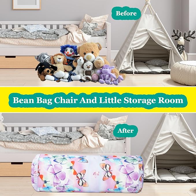 Stuffed Animal Bean Bag Storage Chair for Kids Cover Only (No Filler), Organize, Sit, Play & Boxing, 100% Cotton Canvas Washable, Ultra Soft Cylinder Long Vertical Zipper Best Gift for Child