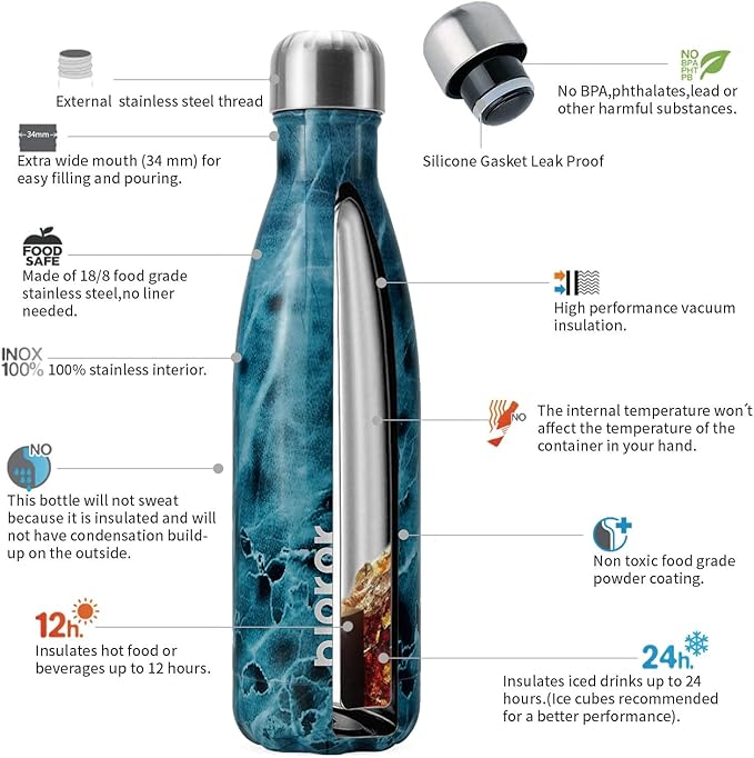BJPKPK Insulated Water Bottle 17 oz Stainless Steel Water Bottles Cola Shape Water Bottles For Travel -Marble Ocean Graphics
