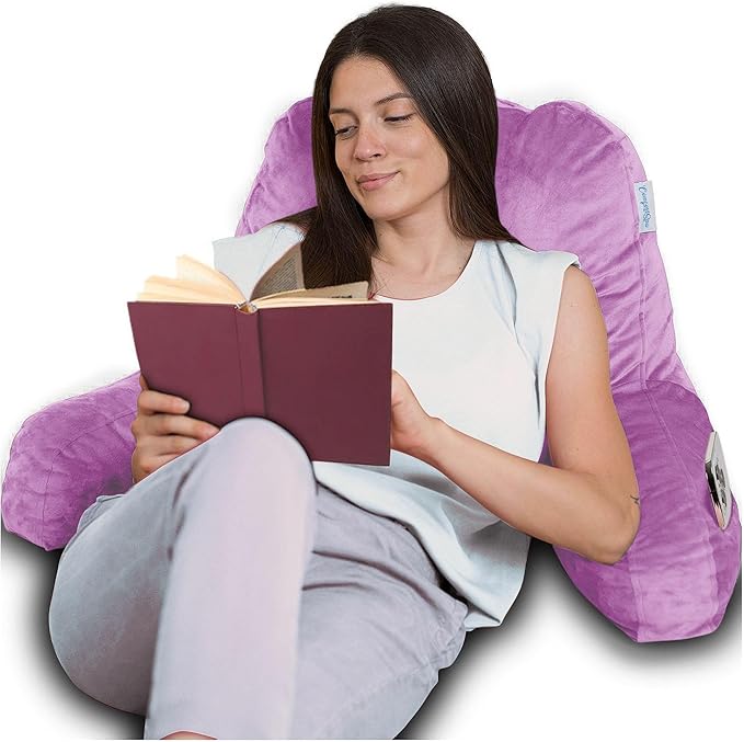 ComfortSpa Reading Pillow for Bed Adult Size, Back Rest Pillow with Arms, Pockets and Washable Cover; Use as a Back Pillow for Sitting in Bed for Bedrest or Relief from GERD Heartburn (XL Lavender)