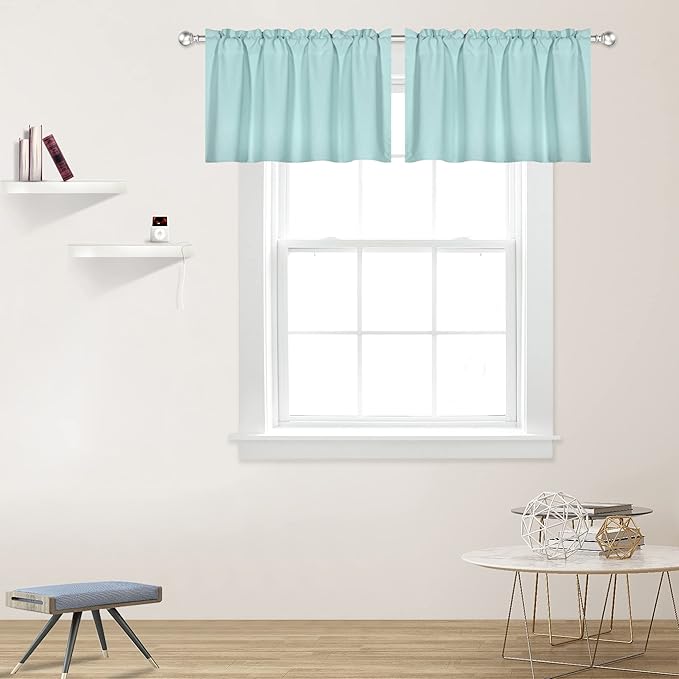 Aqua Blue Valance for Windows 42x18 Inch Solid Thermal Insulated Blackout Rod Pocket Kitchen Short Curtain Toppers Valance for Bathroom Living Room 2 Panels
