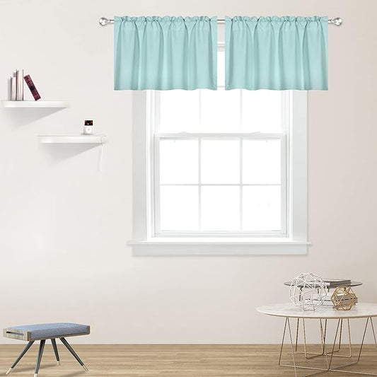 Aqua Blue Valance for Windows 42x18 Inch Solid Thermal Insulated Blackout Rod Pocket Kitchen Short Curtain Toppers Valance for Bathroom Living Room 2 Panels