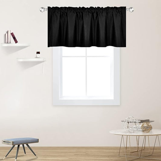 Black Valance for Windows 52x18 Inch Solid Thermal Insulated Blackout Rod Pocket Kitchen Short Curtain Toppers Valance for Bathroom Living Room 1 Panel