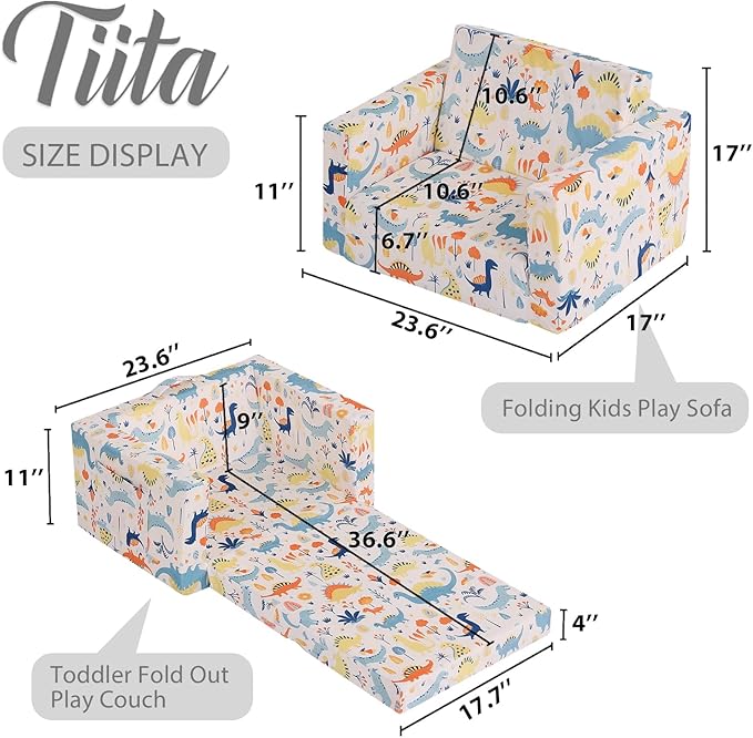Tiita Toddler Chairs Sofa, 2-in-1 Kids Sofa Couch, Convertible Children Couch to Lounger, Flip Out Kids Sofa Chair, Toddler Armrest Chair Bed for Girl or Boy, White Dinosaur