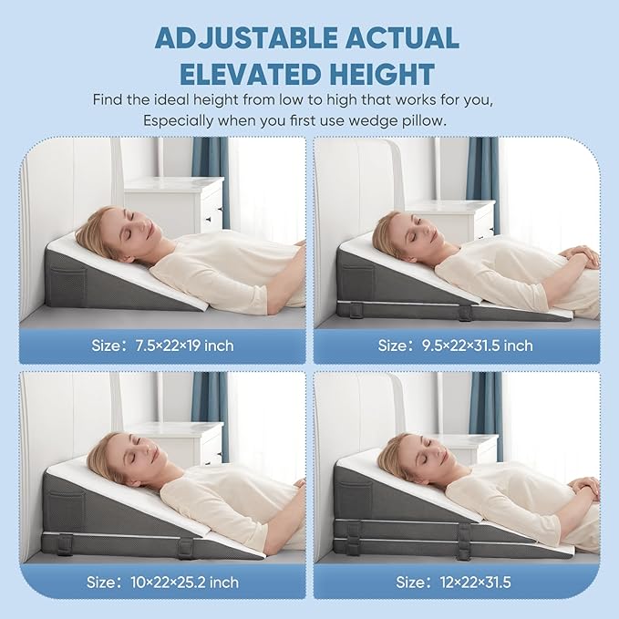 Forias Adjustable Wedge Pillow for Sleeping, 7.5 & 10 & 12 Inch Memory Foam Triangle Wedge Pillow Post Surgery for Back, Legs and Knee Support, Acid Reflux, Gerd, Heartburn and Snoring