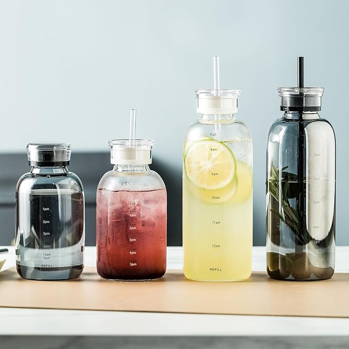 Glass water bottle With Time Marker -24oz with 2 caps and straw,Reusable Glass Drinking Bottles，Suitable For Drinks, Juices, Sodas, Coke, As Gifts Etc (24oz*2pcs)