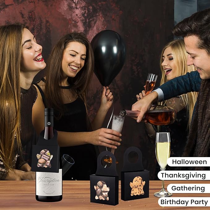 Megitzuu 30PCS Wine Bottle Box with Window, Kraft Paper Wine Boxes for Halloween Gifts Hanging Pumpkin Treat Box Mini Charcuterie Boxes Wine Bottles Gift Bags Goodies Candy Box Party Favor (Black)