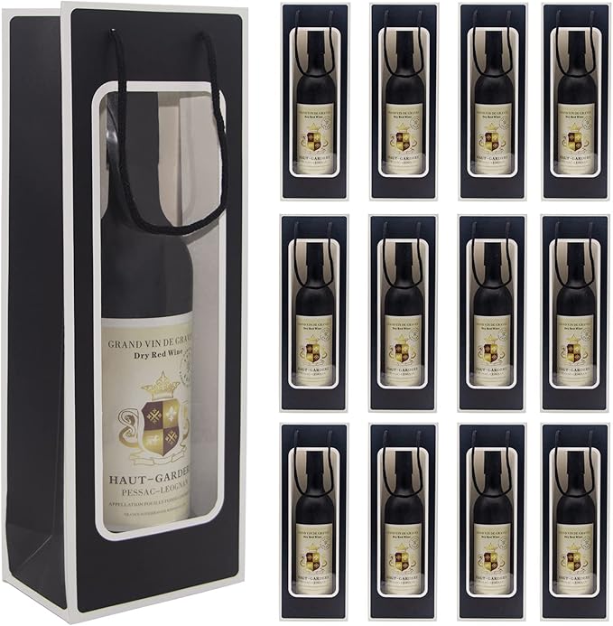 WAKAKO 12 Pcs Wine Gift Bags for Wine Bottles, Reusable Clear Window Wine Bottle Bags Bulk with Handles for Weddings, Valentine's Day, Birthday, Party, Graduations, Thanksgiving (Black)