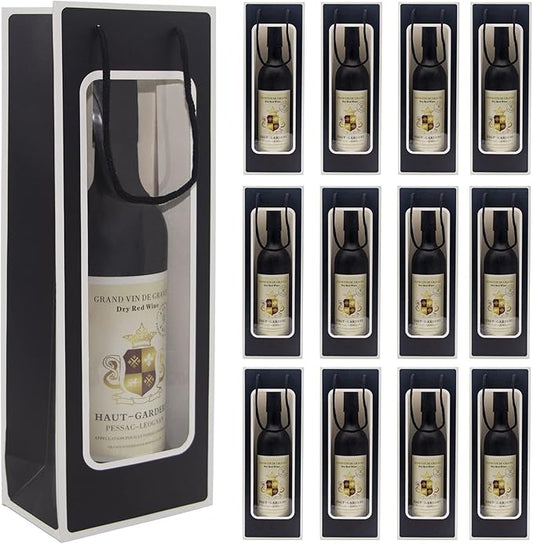 WAKAKO 12 Pcs Wine Gift Bags for Wine Bottles, Reusable Clear Window Wine Bottle Bags Bulk with Handles for Weddings, Valentine's Day, Birthday, Party, Graduations, Thanksgiving (Black)