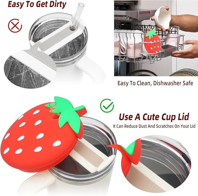 Stanley Cup 40 Oz Lid Anti-scratch Protective Case with Strawberry Design, Silicone Dustproof Lid Toppers for Stanley 40 Oz Tumbler, Stanley Cup Cute Accessories Decorations