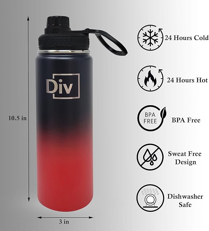 Sports Water Bottle - 22 oz., 3 lids, Stainless Steel Gym & Sports Water Bottle, Leak Proof, Double Walled, Insualted, Thermos Flask (White-Maroon)