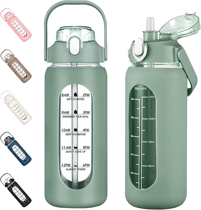kytffu 56oz Glass Water Bottles with Straw, Motivational Glass Bottle with Silicone Sleeve and Time Marker, Leakproof Large Glass Water Jug for Gym Home Office,Olive