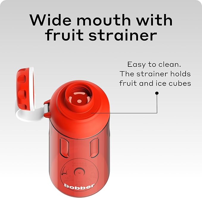 BOBBER 30 oz Tritan Water Bottle with Carry Loop & Fruit Holder, Premium Quality — BPA Free, Dishwasher Safe & Leak Proof, Reusable Wide Mouth Plastic Water Bottle — Large, Refillable, Light (Red)