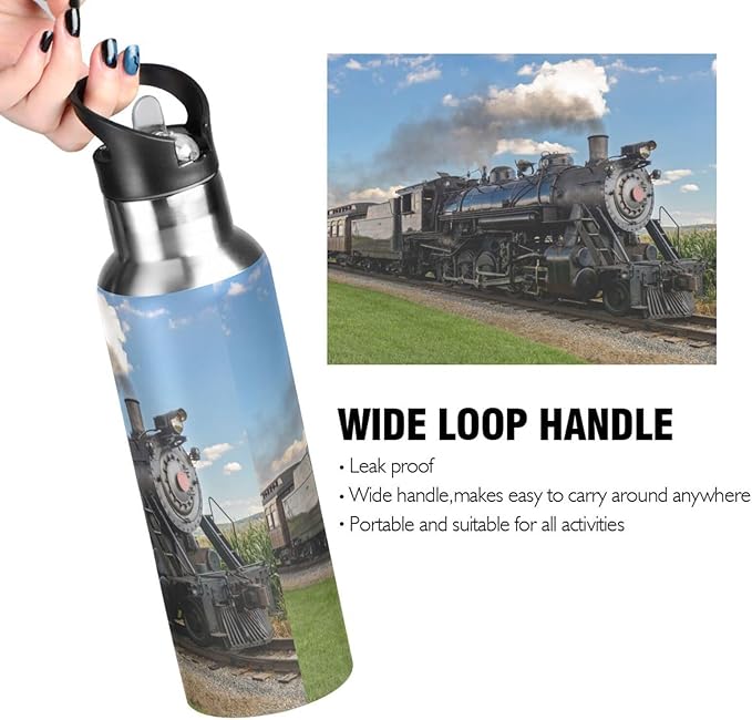 Vintage Steam Train Stainless Steel Water Bottle with Straw Lid - 20 Oz Sports Insulated Water Bottle Thermos for Sport Gym Outdoor Travel School