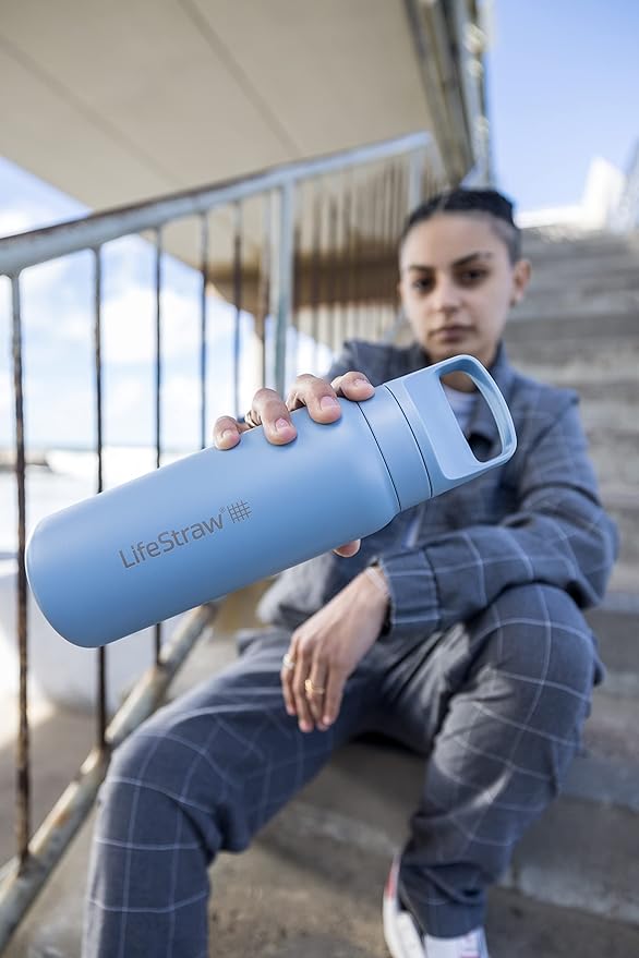 LifeStraw Go Series – Insulated Stainless Steel Water Filter Bottle for Travel and Everyday use removes Bacteria, parasites and microplastics, Improves Taste, 24oz Icelandic Blue