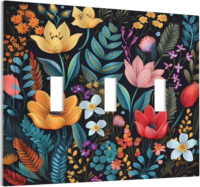 Boho Floral Vintage Flower Leaves Rustic Wildflower Plants 3 Gang Light Switch Covers Triple Toggle Wall Plate Decorative Switchplate Electrical Faceplate for Country Bathroom Bedroom Kitchen Decor
