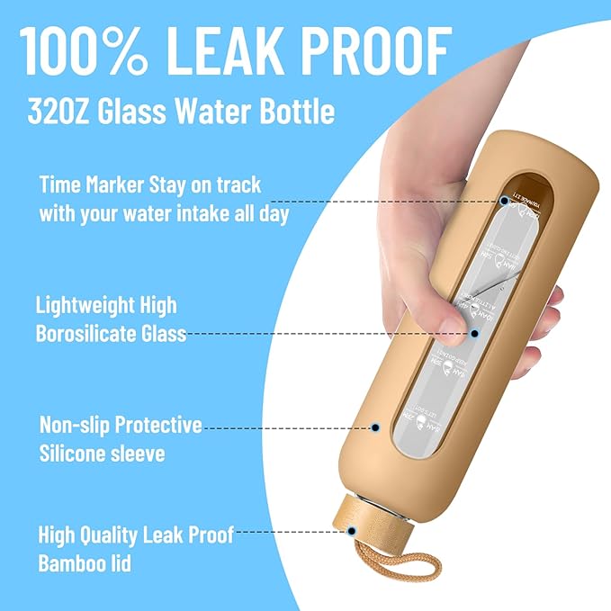 Sursip 32 oz Glass Water Bottle with Time Marker,1 Liter BPA-Free Reusable Motivational Water Bottle with Non-Slip Silicone Sleeve and Bamboo Lid, Ice Cube Tray, Leak-Proof, Dishwasher Safe