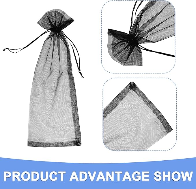 Organza Wine Bags, 18 Pcs Reusable Wine Bottle Bags with Drawstring Fits for Party Favor Gift Wrapping - Mesh Wine Decoration Supplies - (14.5-inch x 5.5-inch, Black)