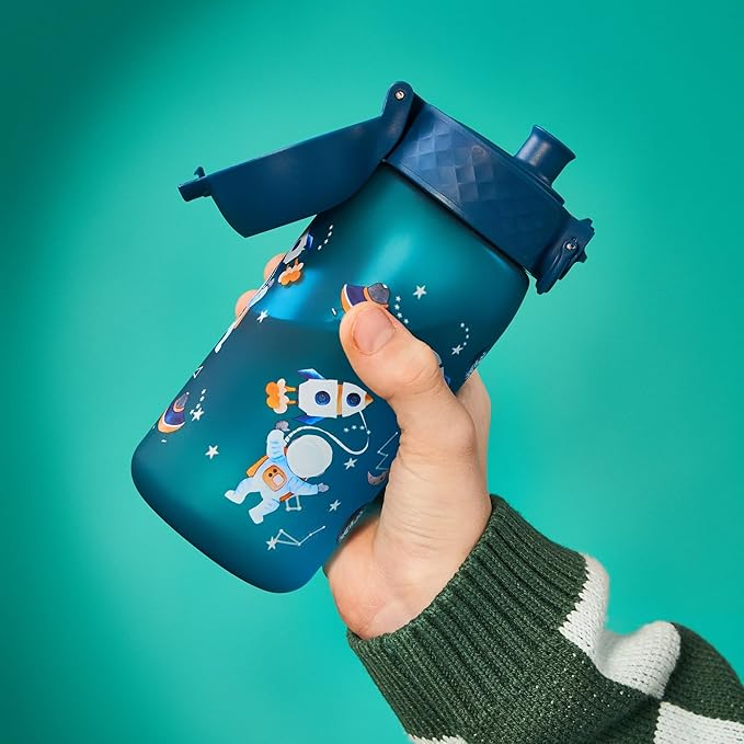 ION8 Small Water Bottle, 350 ml/12 oz, Leak Proof, Easy to Open, Secure Lock, Dishwasher Safe, BPA Free, Carry Handle, Flip Cover, Easy Clean, Odor Free, Carbon Neutral, Deep Teal, Space Travel Design