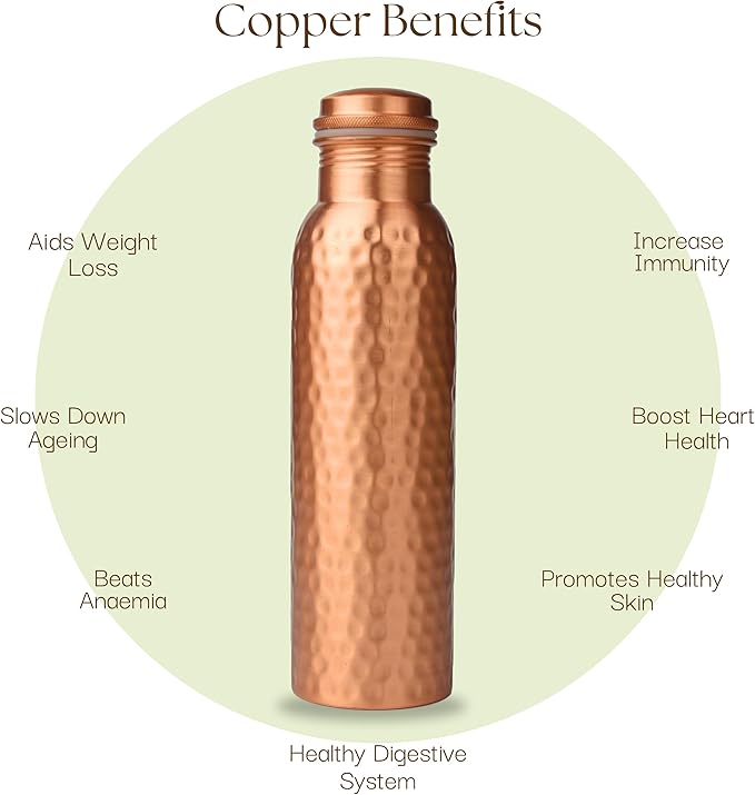 RAJRANG Hammered Copper Water Bottle 34 oz Ayurveda Health Vessel Leak Proof Design Pitcher for Sport Fitness Yoga 1000 ml