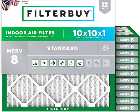 Filterbuy 10x10x1 Air Filter MERV 8 Dust Defense (12-Pack), Pleated HVAC AC Furnace Air Filters Replacement (Actual Size: 9.50 x 9.50 x 0.75 Inches)