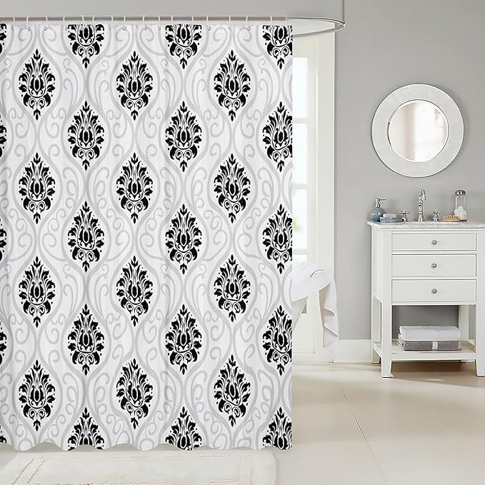 Feelyou Damask Pattern Shower Curtain 72"x84" Kids Vintage Floral Bathroom Shower Curtain Set for Boys Girls Teens Antique Victorian Baroque Bath Curtain Black White Baroque Style Bathroom Accessories