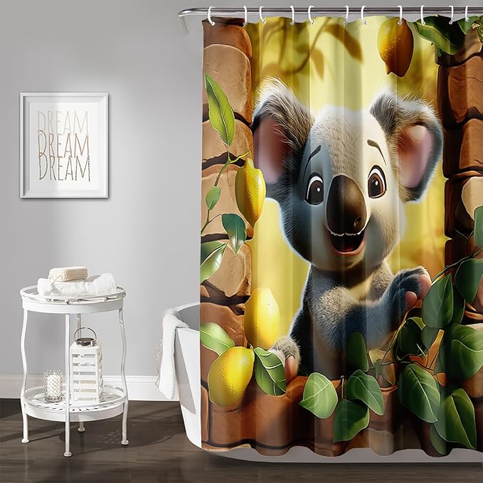 AILONEN Cartoon Koala Shower Curtain for Kids,Kawaii Lemon Koala Shower Curtain for Bathroom,Lovely Animals Shower Curtain Set with Hooks,48" W*72" H