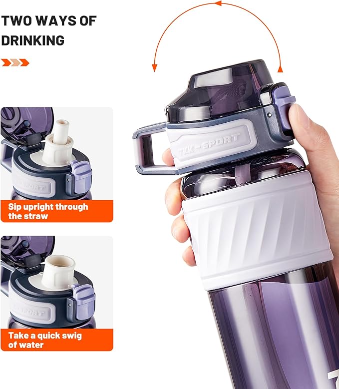 TKK 15oz Sports Water Bottles with Removable Straw Durable BPA Free Tritan Bottles Leak-Proof Water Bottles for School, Fitness, Gym, Outdoor, Purple