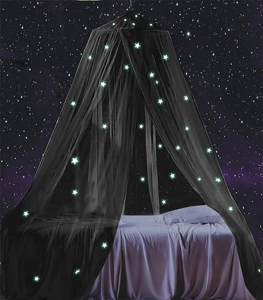 South to East Bed Canopy with Glowing Stars in The Dark, Black Bed Curtains for Kids Bed & Toddler Bed, Twin, Full & Queen Bed, Mosquito Net Canopy for Adult Bedoom, Easy to Install